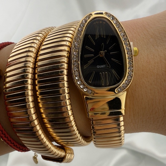 Serpentine Gold Snake Coil Wrap Watch - Crystal-Embellished Statement Watch - Picture 4 of 8